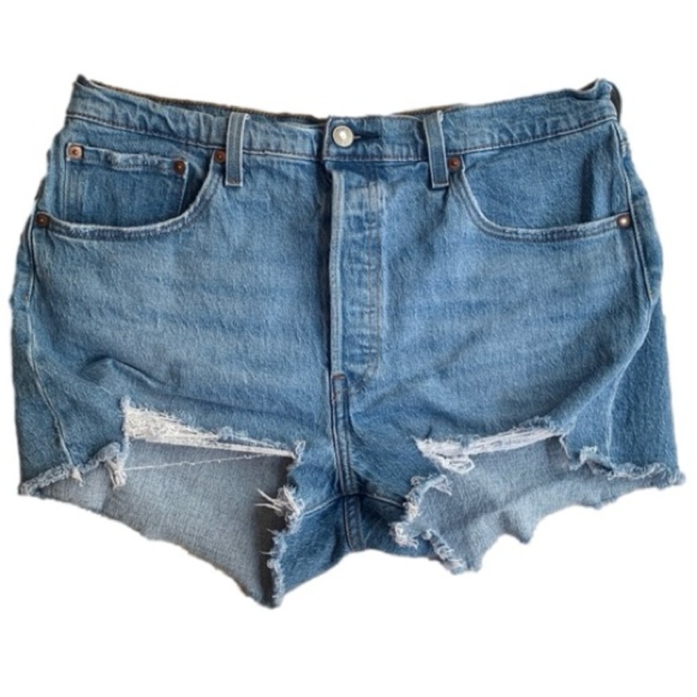 Levi's 501 High Rise Hidden Button Fly Distressed Raw Hem Denim Jean Shorts